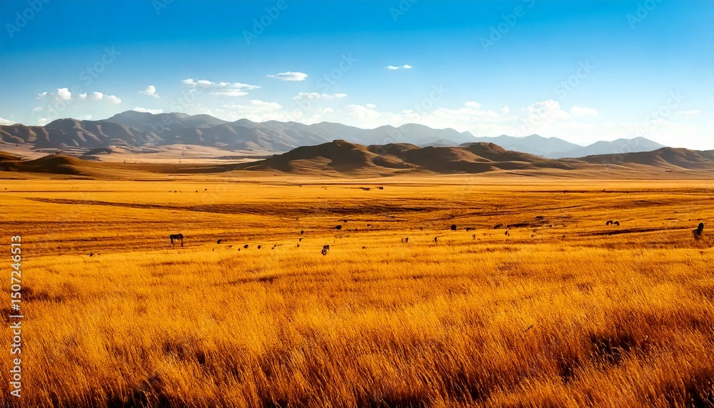 Obraz premium Paisaje de estepa dorada con animales pastando y montañas distantes​