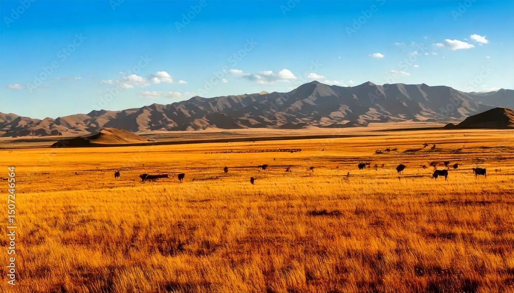 Fototapeta premium Paisaje de estepa dorada con animales pastando y montañas distantes​