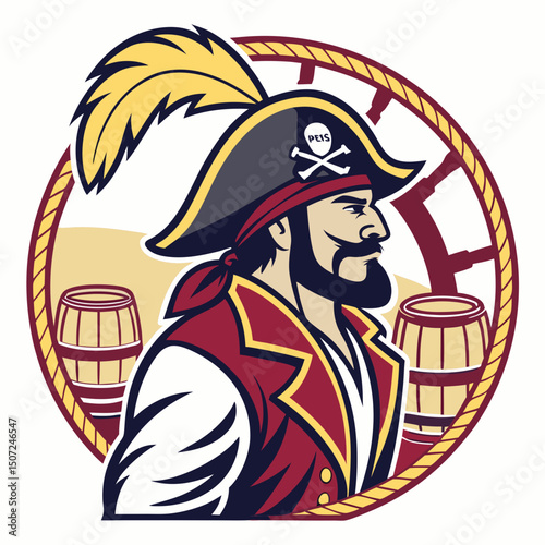 Pirate Captain with Ship Wheel Barrels and Skull Logo Illustration