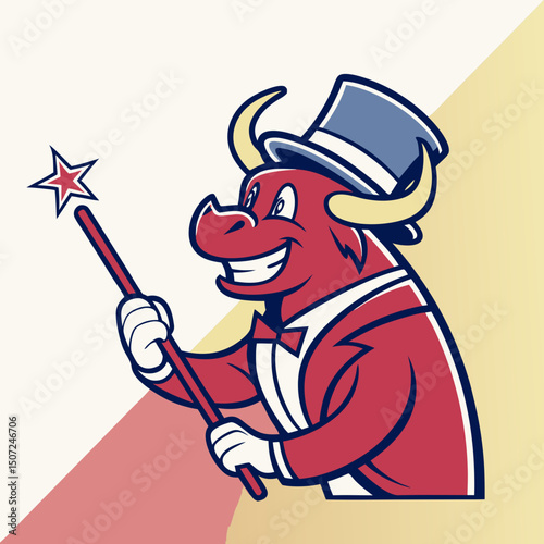 Cartoon Bull Magician with Top Hat and Magic Wand Illustration