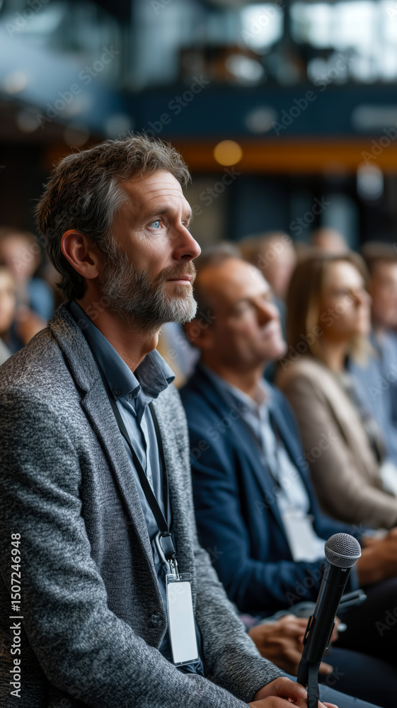 Fototapeta premium Focused audience at a conference, intently listening to a speaker. Attendees engage with the presentation in a formal setting.
