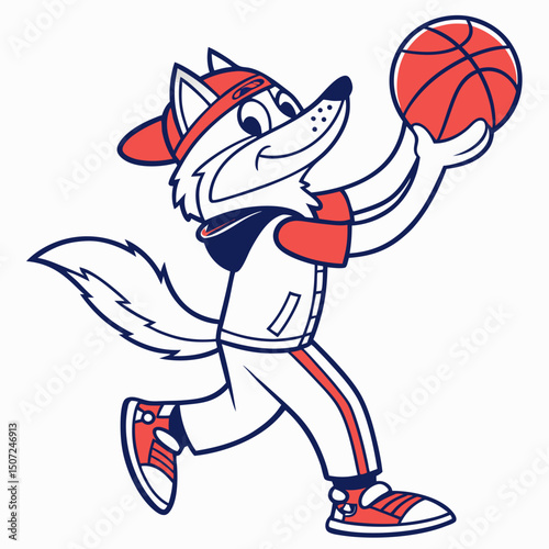 Cartoon Fox Mascot Playing Basketball in Athletic Gear with a Headband