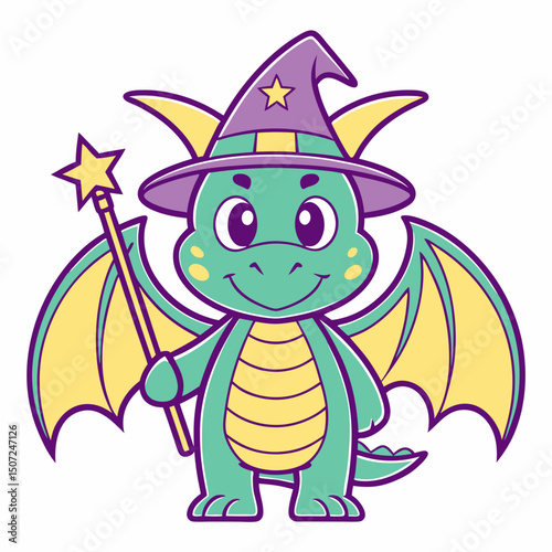 Cute Cartoon Dragon Wizard with Magic Wand and Pointed Hat