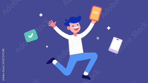 Excited Shopper A character jumps in excitement with their smartphone raised high surrounded by floating SALE popups showcasing percentages and prices.