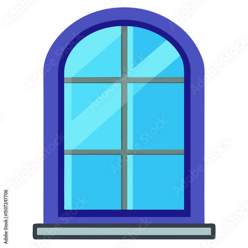 An arched window with a blue frame, six glass panes divided by gray mullions, light reflections on the glass, and a gray window sill.