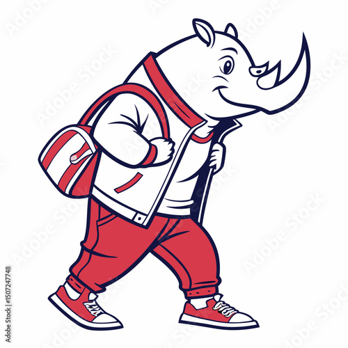 Cartoon Rhino Character Walking with Duffle Bag Wearing Jacket and Sneakers