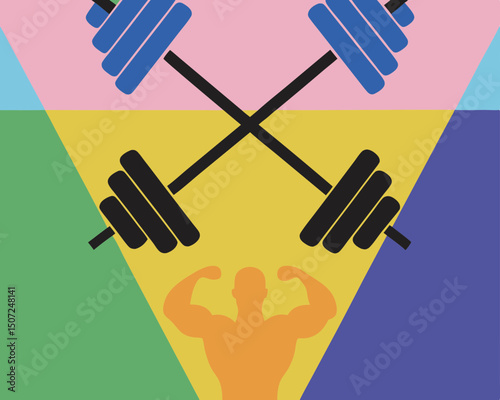 Colorful fitness graphic with dumbbells and a muscular silhouette  