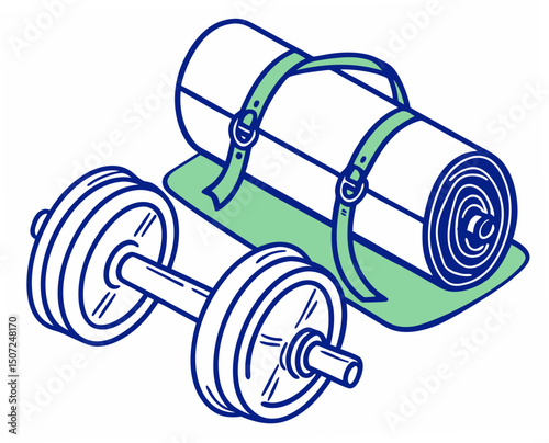 Exercise mat and dumbbell illustration in minimalistic style  