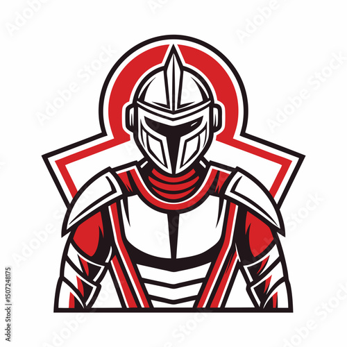 Red and White Armored Warrior Mascot Logo with Helmet and Shoulders