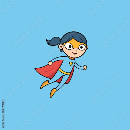Cartoon Girl as Flying Superhero in a Costume with a Cape on Blue Background, Vector Illustration                                                     