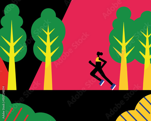 Runner jogging through colorful forest in abstract style  