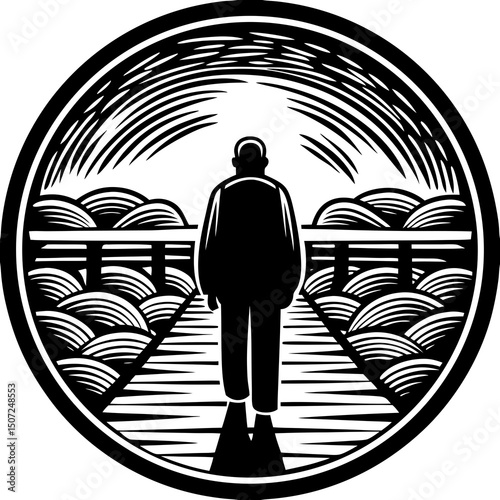 Monochrome Illustration of a Person Walking Away on a Path to the Horizon