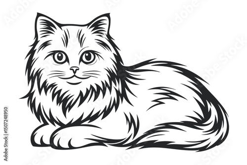 Detailed Line Art of a Relaxed, Fluffy Cat Lying Down - Vector Illustration, Isolated on White                                                        