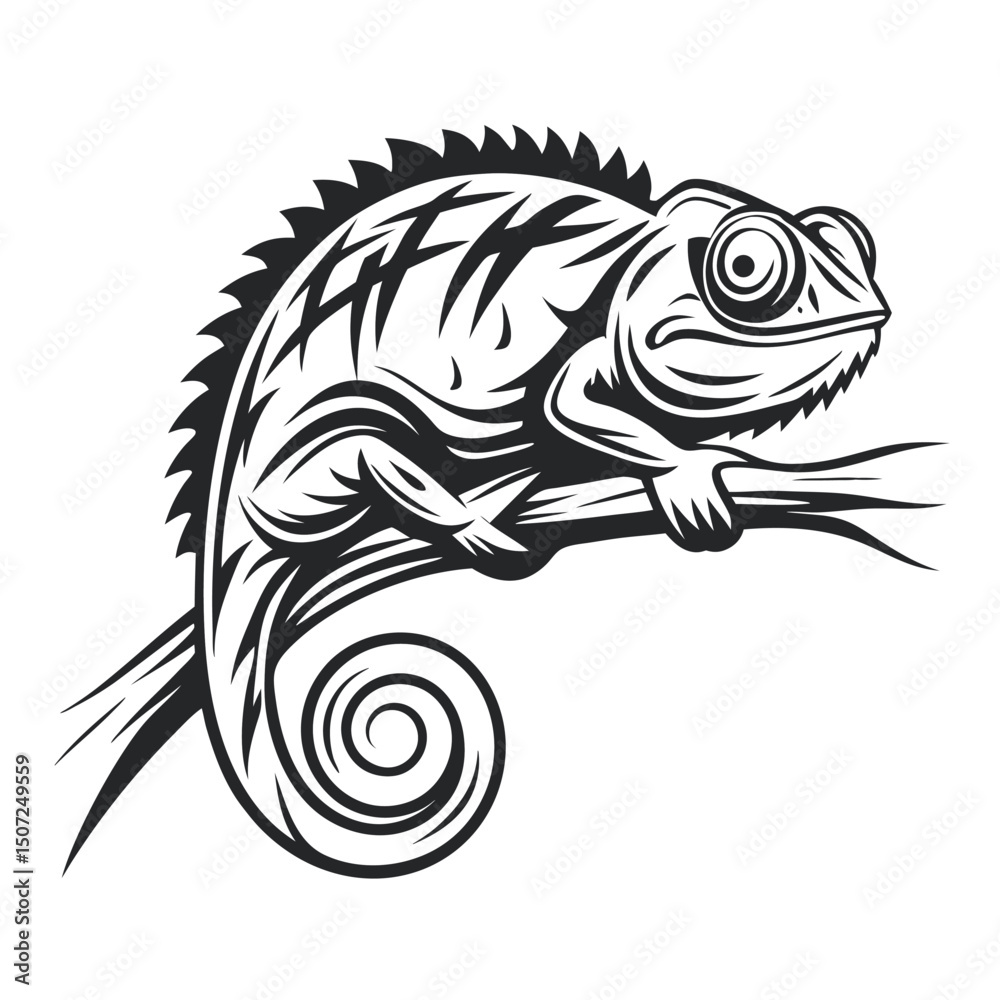 Obraz premium Monochrome Chameleon Illustration: Graphic Reptile on a Branch Design for Creative Projects, Isolated on White Background 