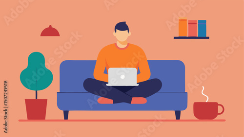 Digital Detox An illustration of a person sitting on a couch with a laptop closed with a coffee mug in hand showing a focus on relaxation rather than online shopping.