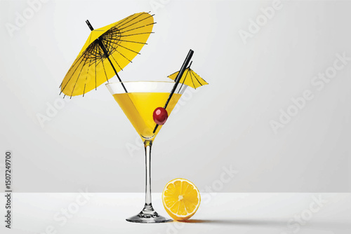 Yellow cocktail in a martini glass featuring a paper umbrella.