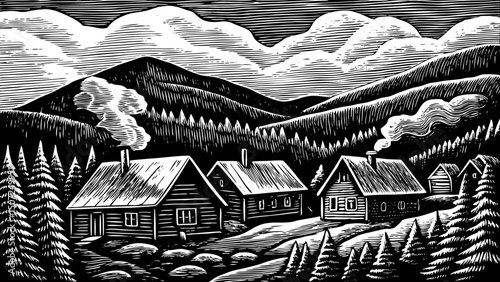 Mountain Carpathian village vector black and white isolated hand drawn sketch