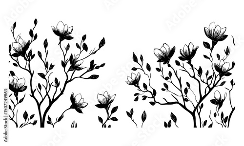 Magnolia Tree Spring Scene, engraved floral canopy vector illustration, bloom season silhouettes, soft pastel garden forest clipart, nature-inspired design, floral landscape art.