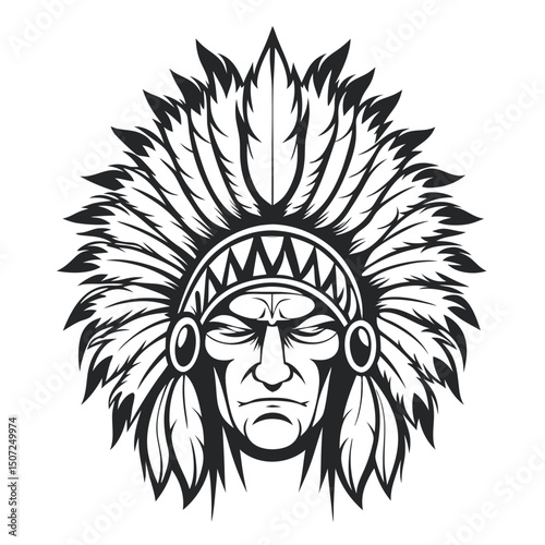Stoic American Indian Chief Portrait with Detailed Headdress, Bold Black and White Illustration, Native American Heritage                             