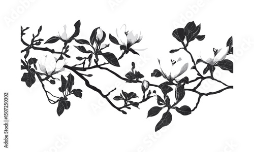 Bloom Season Magnolia Tree, spring floral canopy engraved vector illustration, garden silhouettes, soft pastel forest elements, nature-inspired artwork, seasonal flora composition.