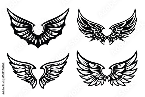 Four Black and White Stylized Wings: Angelic, Symbolic, and Decorative Illustrations in Vector Format.                                                