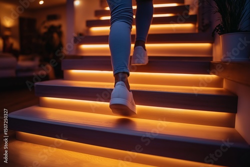 Stair nosing replacement in warm, inviting setting. Concept of stair nosing replacement highlights renovation, cozy atmosphere, illuminated stairs. 