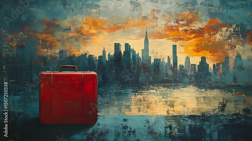 Fototapeta Naklejka Na Ścianę i Meble -  Vintage suitcase against a painted city skyline.