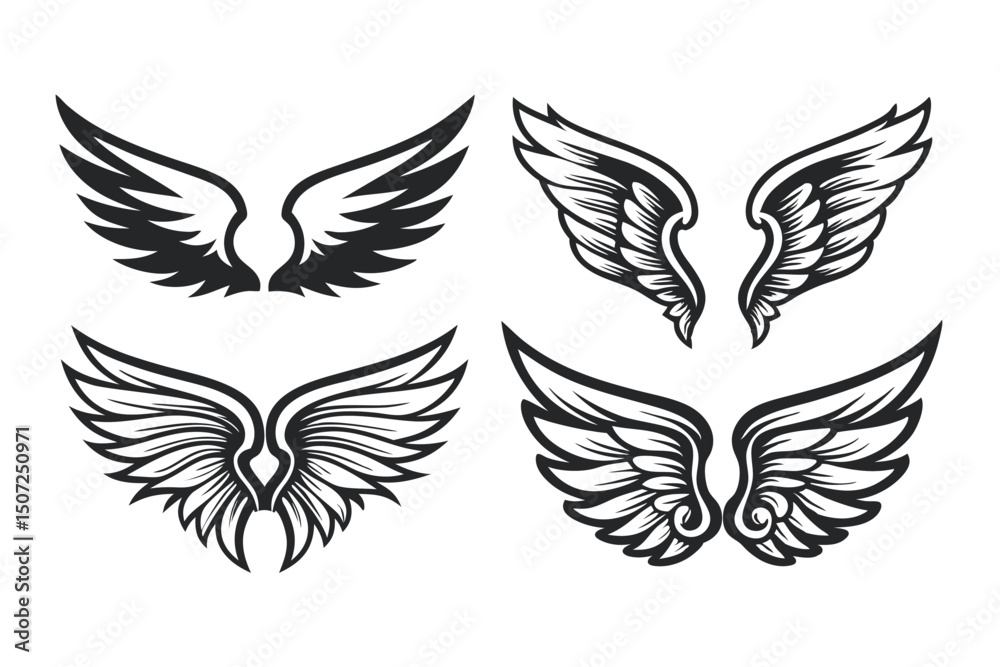 Fototapeta premium Vector Set: Four Distinct Black and White Wing Designs on a Clean Background