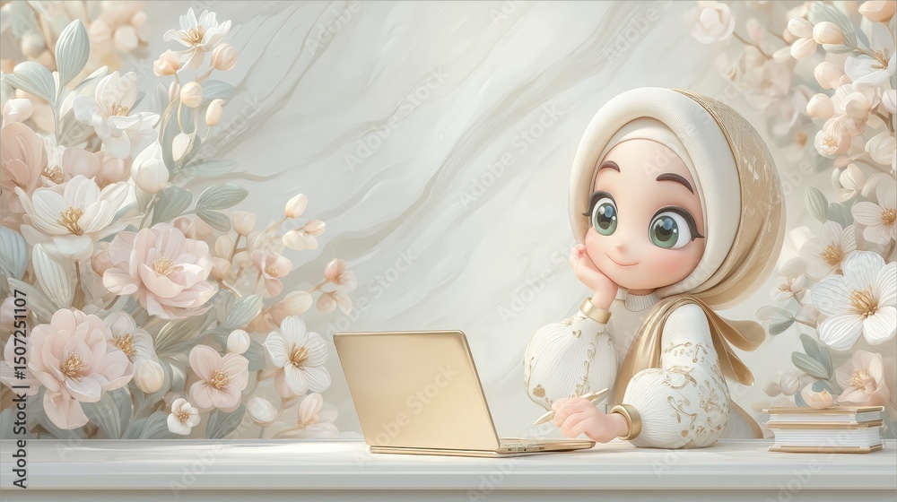 Fototapeta Muslim Woman Character Laptop Idea  Floral Desk  3D Render