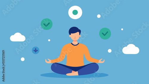 Mindfulness Practice An illustration of a person meditating in a serene environment with floating icons around them representing stressreducing biomarkers.