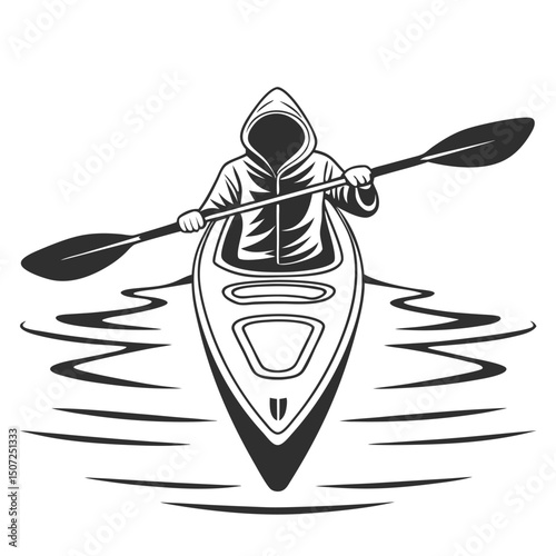 Monochrome illustration of a hooded figure paddling a kayak on calm water.