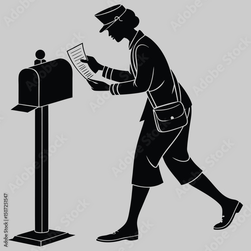 a mail carrier placing a letter in a mailbox silhouette vector design art and illustration