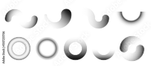 Halftone dotwork noise gradient circles and abstract shapes. Pointillism gradient pattern in dotwork style. Stipple halftone effect. Dotted set of shapes, stipple elements. Vector background