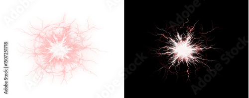 Dramatic lightning strike and thunder overlay with electric storm energy. Powerful weather effect ideal for dramatic nature scenes and designs. Isolated PNG background.