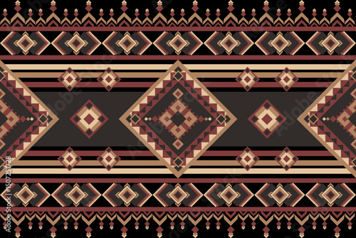 Intricate tribal pattern with large central diamond motifs, bold lines, and symmetrical geometric shapes in earthy red, beige, and black tones on a dark background.