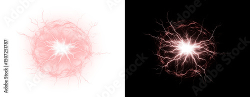 Dramatic lightning strike and thunder overlay with electric storm energy. Powerful weather effect ideal for dramatic nature scenes and designs. Isolated PNG background.