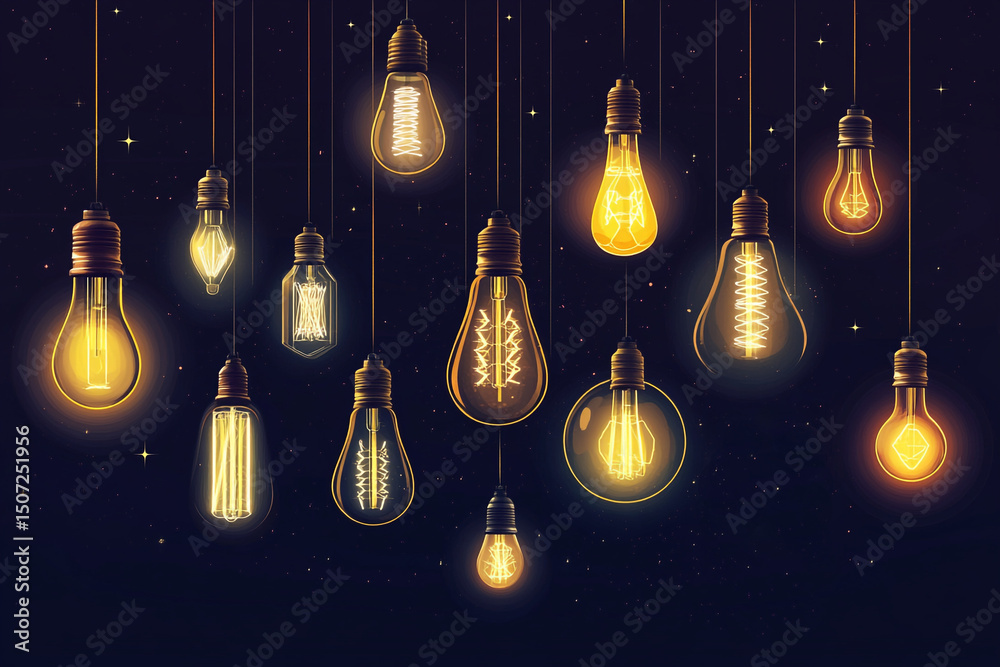 A group of glowing light bulbs hangs against a dark, speckled background, creating a warm and inviting atmosphere. A group of glowing light bulbs hangs against a dark, speckled background, creating a warm and inviting atmosphere.