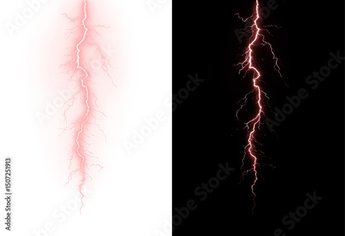 Dramatic lightning strike and thunder overlay with electric storm energy. Powerful weather effect ideal for dramatic nature scenes and designs. Isolated PNG background.