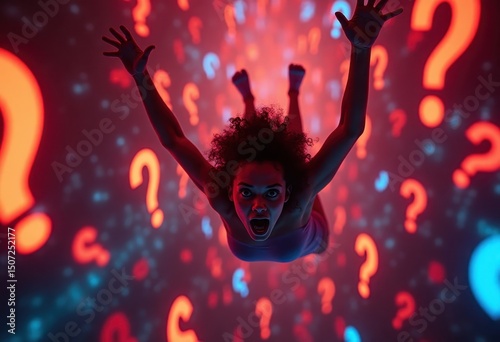Overwhelmed Person with Question Marks, Stress and Confusion Concept