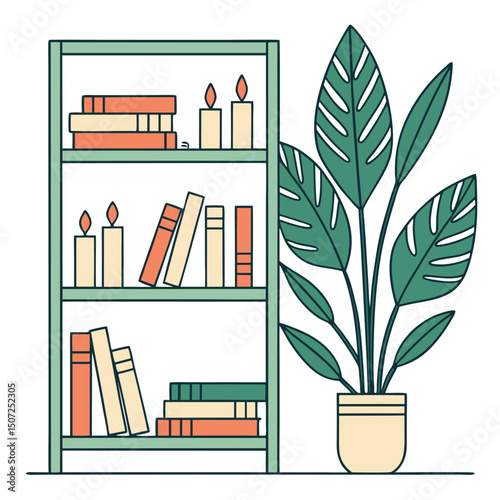 Bookshelf with books candles and houseplant modern flat design illustration.