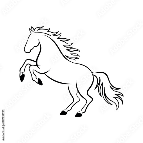 Elegant Horse Rearing Up with Flowing Mane and Tail Black Outline on White Background Graceful and Powerful Animal Design