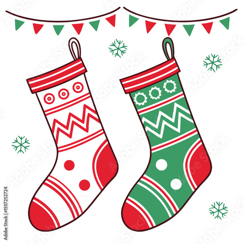 Two festive christmas stockings hanging with garland and snowflakes vector illustration.