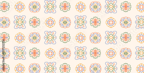 Seamless Pattern with Colorful Floral Geometric Ornaments. Hand Drawn Spring Motifs in Retro Style. Childlike Naive Botanical Elements for Wrapping Paper, Fabric, Textile. Vector Illustration