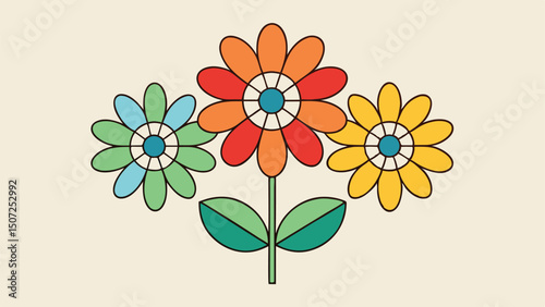 Retro Floral Trio: Colorful Daisy Flower Power Design with a 70s Inspired Look and Three Green Leaves on a Beige Background                           