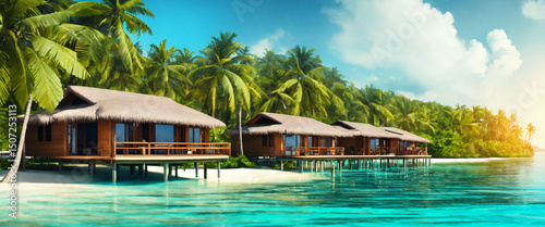 High definition, photo-realistic, overwater bungalows over crystal-clear water, YouTube channel banner size image