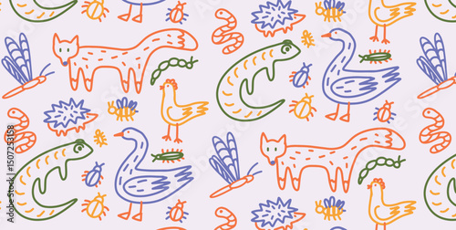 Hand-drawn seamless pattern in playful childlike style. Ducks, chickens and foxes appear among bugs, caterpillars, bees and simple nature elements. Vector illustration.
