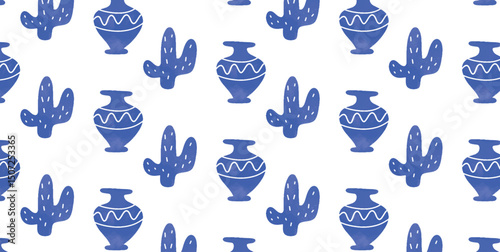Seamless pattern with blue Mediterranean Cactus and Ceramic Vases. Hand drawn repeating summer motif on white background. Flat vector illustration.