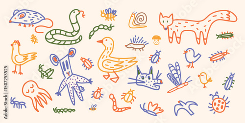 Handdrawn playful doodles in childlike style. Duck, snake, mouse and fox among birds, insects, caterpillars, snail, dragonfly. Vector illustration for banner, social media, posters and marketing