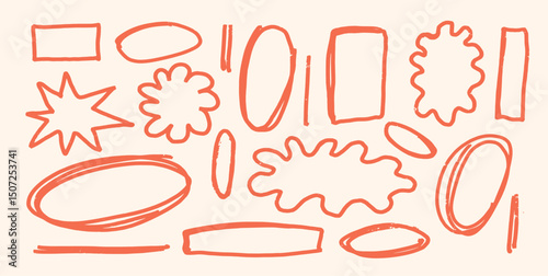 Set of Crayon Hand Drawn Outline Shapes. Starbursts, Ovals, Wiggle Blobs, Rectangles, Scribbled Frames. Comic Marker Style Elements for Design and Highlight. Vector Illustration