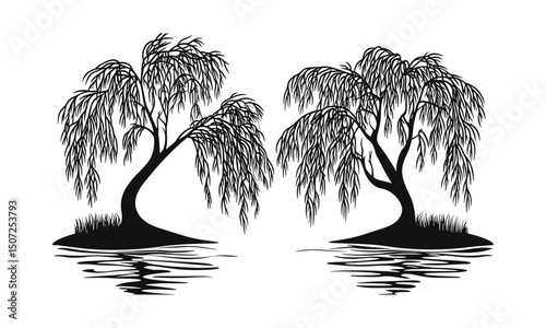 Lakeside willow tree silhouettes, engraved curved canopy, flowing branch art, breeze-bent vector illustration, peaceful outdoor scene, natural environment design, tranquil nature, scenic tree clipart.